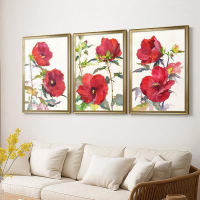 Hibiscus Glow I - Toile tendue avec châssis sur mesure - 3 pièces