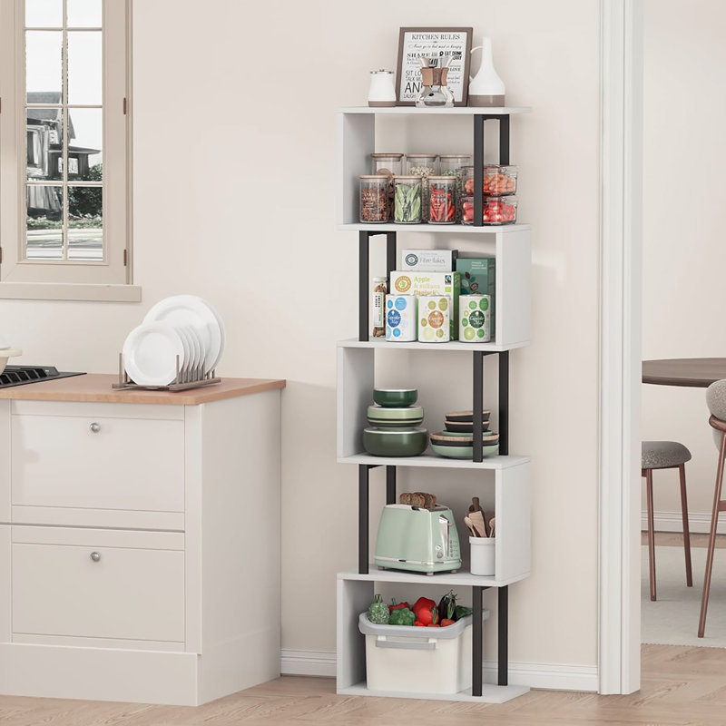 Bibliothèque en bois à 5 niveaux en forme de S, présentoir autoportant moderne pour plusieurs décors, Blanc