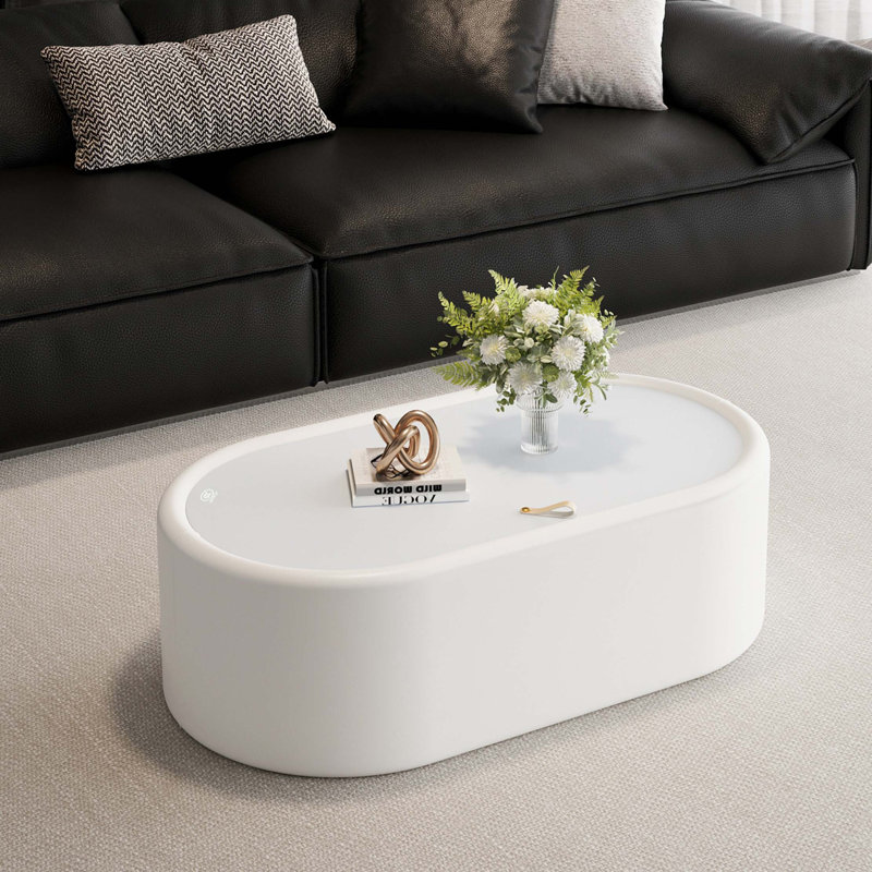 Table basse moderne ovale avec rangement caché et plateau en verre trempé, Blanc