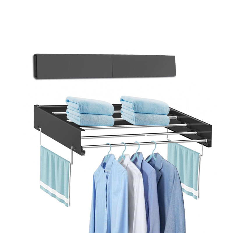 Wall Mounted Retractable Drying Rack, 5-Rod Foldable Clothes Airer with Tower Handles