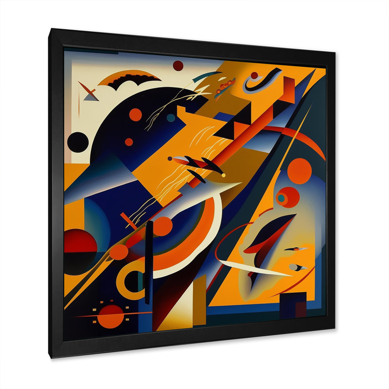 " Multicolor Geometric Orange Shapes IV ", Black Picture Framed Canvas, 16" H x 16" W x 1" D