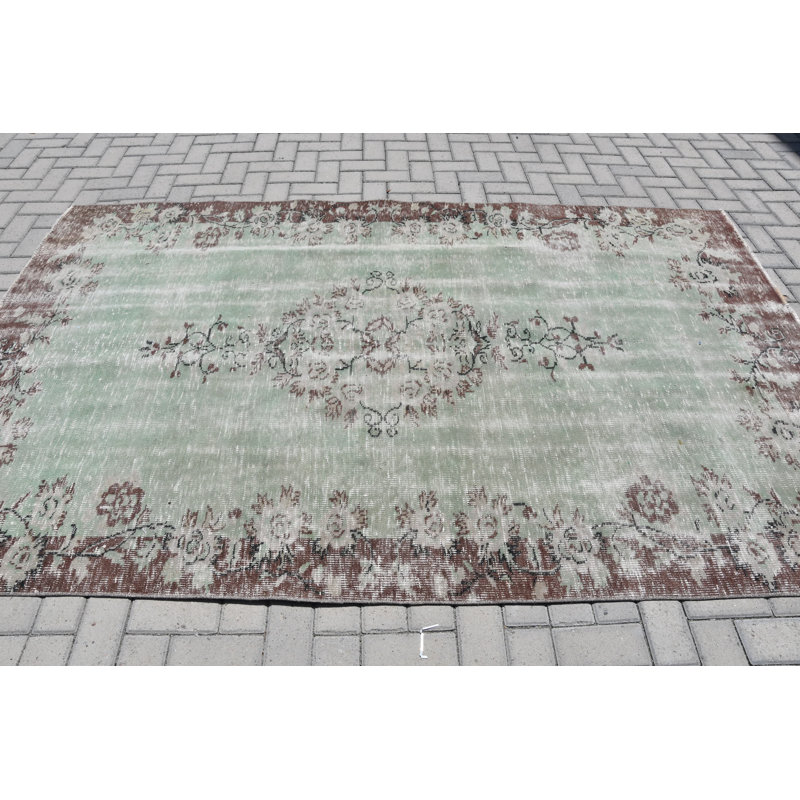 Grand tapis vert Oushak tissé à la main et rétro, idéal pour décorer le salon brun / vert