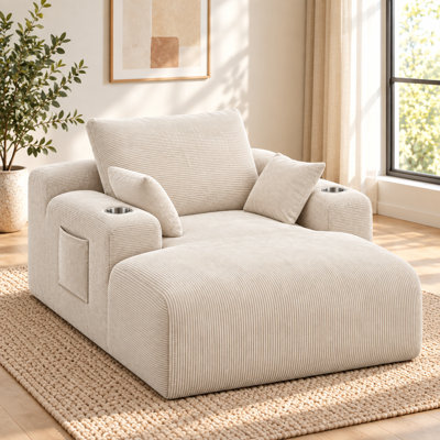 Chaise longue surdimensionnée Velquorisse de 182 cm (71,7 po) en velours côtelé avec deux porte-gobelets, une poche de rangement, des coussins et aucun assemblage requis