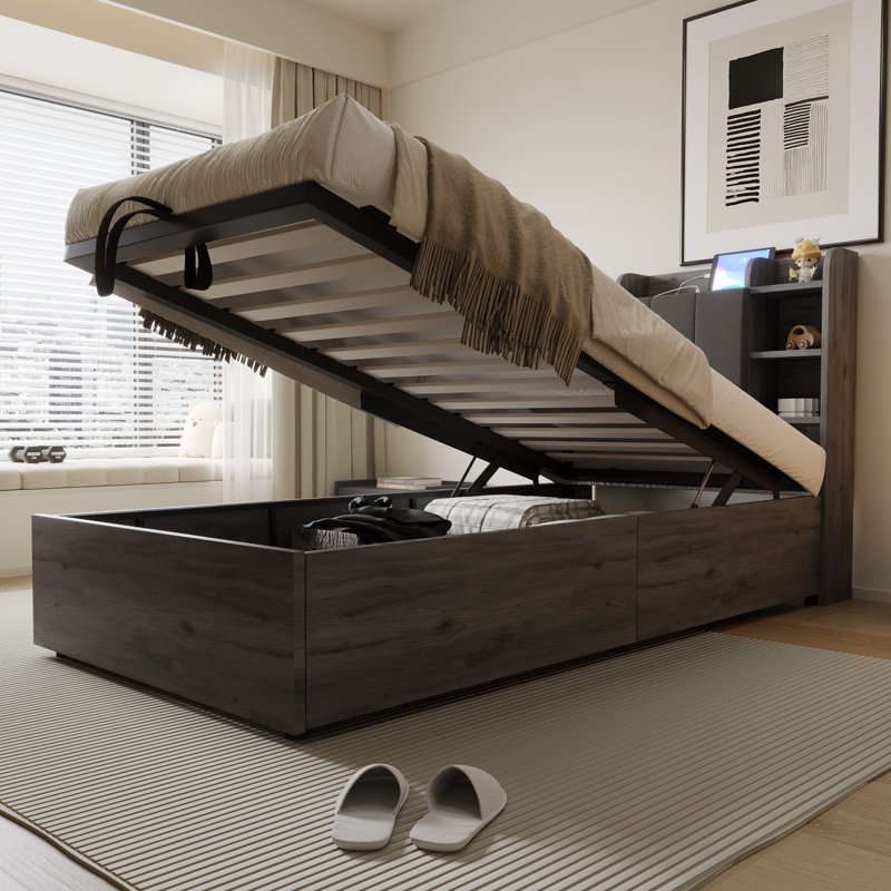 Hydraulic Storage Bed, European Single (90 x 200 cm), Grey