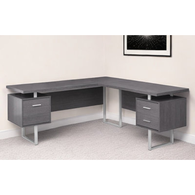 71" Gray and Silver L Shape Computer Desk With Three Drawers