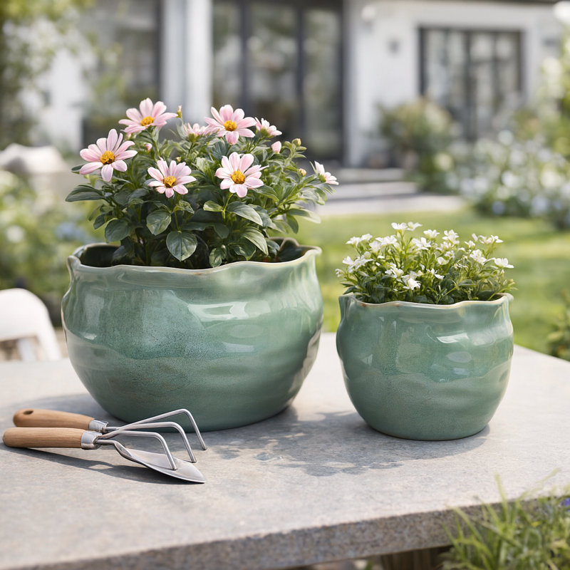 Decorative Round Ceramic Planters for Home Decor - Minimalist Outdoor Flower Pots for Indoor Living Room and Patio Accent - Set of 2, Green
