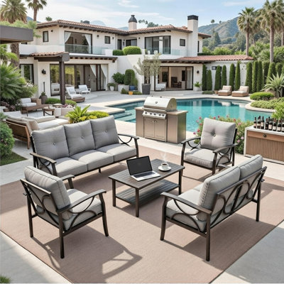 Ensemble de mobilier de patio en métal 5 pièces, canapé de conversation 7 places toutes saisons avec coussins gris épais de 4 pouces, structure kaki, table basse pour jardin dans la cour arrière