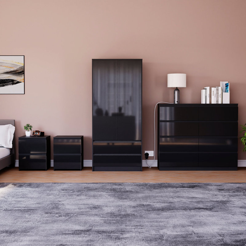 Taniesha 4 Piece Bedroom Set (2 Drawer Bedside Chest X2, 3 Drawer Chest, 2 Door 2 Drawer Wardrobe), (100% FSC), Black