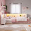 Lit de jour blanc Queen, lit plateforme moderne en bois avec étagères de rangement ouvertes, bande lumineuse DEL d'ambiance et station de chargement USB, sommier non requis-618842283