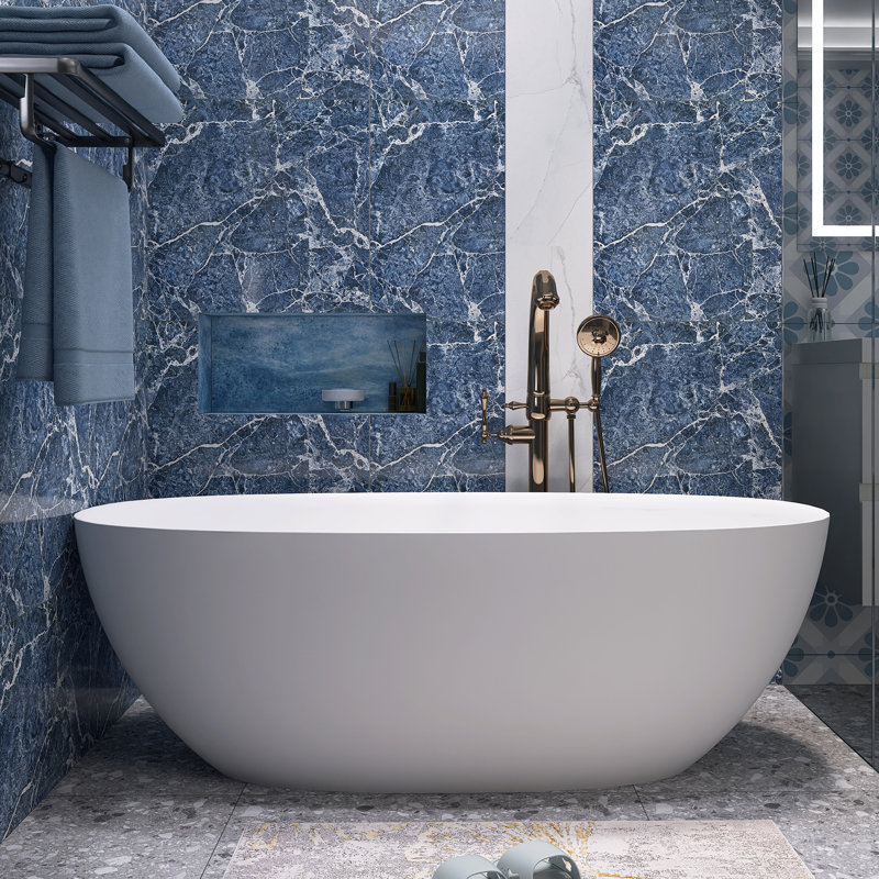 65'' x 29'' Freestanding Solid Surface Soaking Bathtub in White