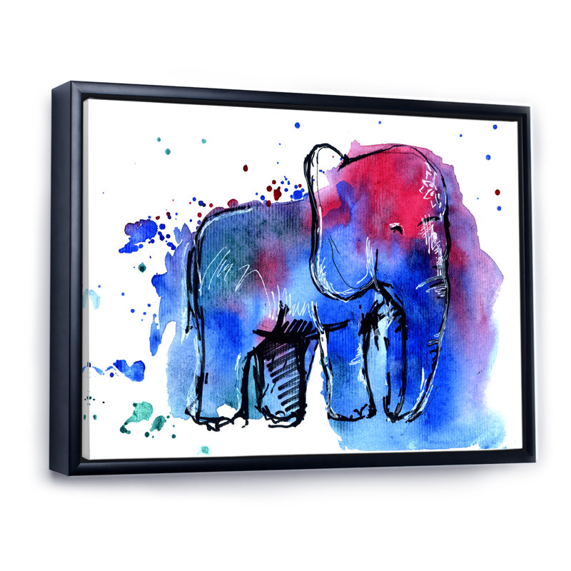 Impression d'éléphant bleu et rouge - Peinture sur toile, H 16 po x l 32 po, Cadre flottant noir
