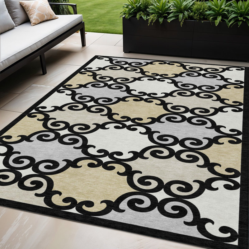 Tapis extérieur lavable à motif de treillis noir et ivoire 5 pi x 8 pi