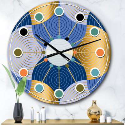 Retro Luxury Waves In Gold and Blue X - Mid-Century Modern wall clock