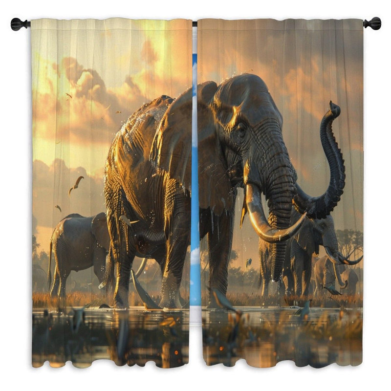 Éléphants rideaux de fenêtre animaux créatures puissantes - 2 panneaux, L 40 po x L 52 po