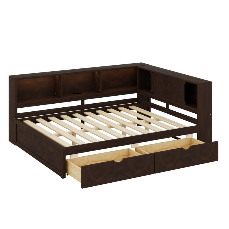Solution de lit de jour complète avec tablettes de rangement, USB, DEL et 2 tiroirs de rangement, Brun