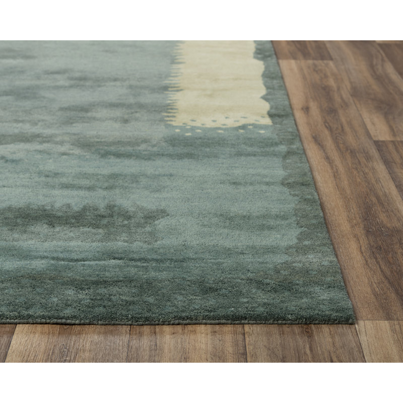 Abstract Handmade Tufted Wool Area Rug in Teal, Rectangle 5' x 7'6"
