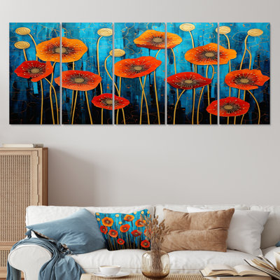 «Red Poppies Magical Night - Art mural coquelicot pour le salon», 5 pièces