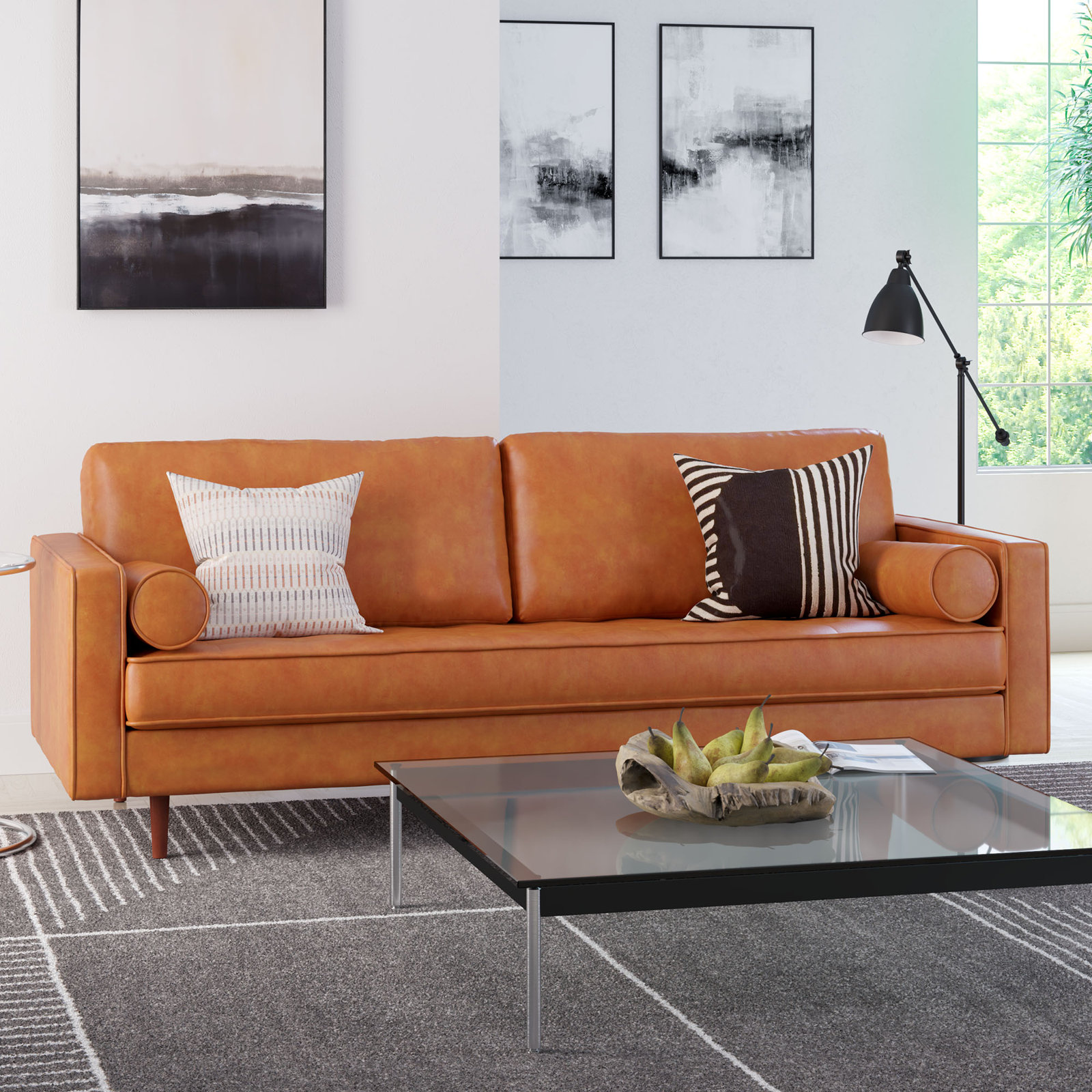 Geo 84" Genuine Leather Sofa, Caramel Genuine Leather