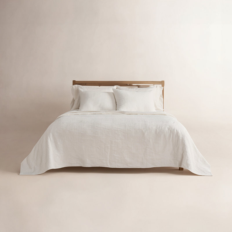 Ribbed Matelassé Cotton Coverlet Set, King Quilt + 2 King Shams, Bright White