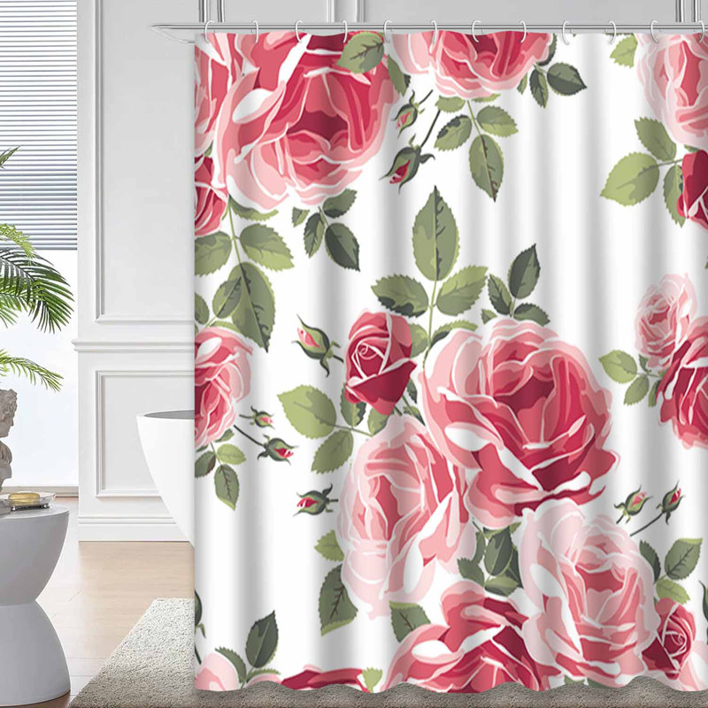 Rideau de douche imperméable à motif floral rose avec 12 crochets, L 72 po x l 78 po