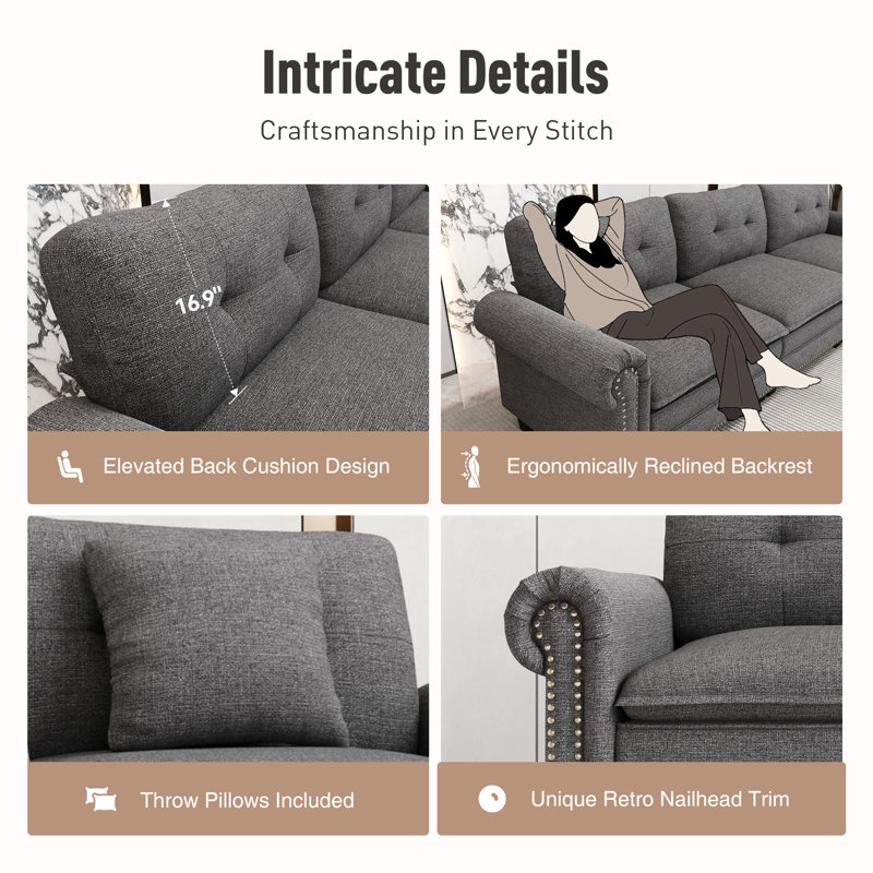 88" Modular Sectional Loveseat Couches With Nailhead Trim, 2-seater Deep Seat Sofa With Throw Pillow, Dark Gray Linen Blend