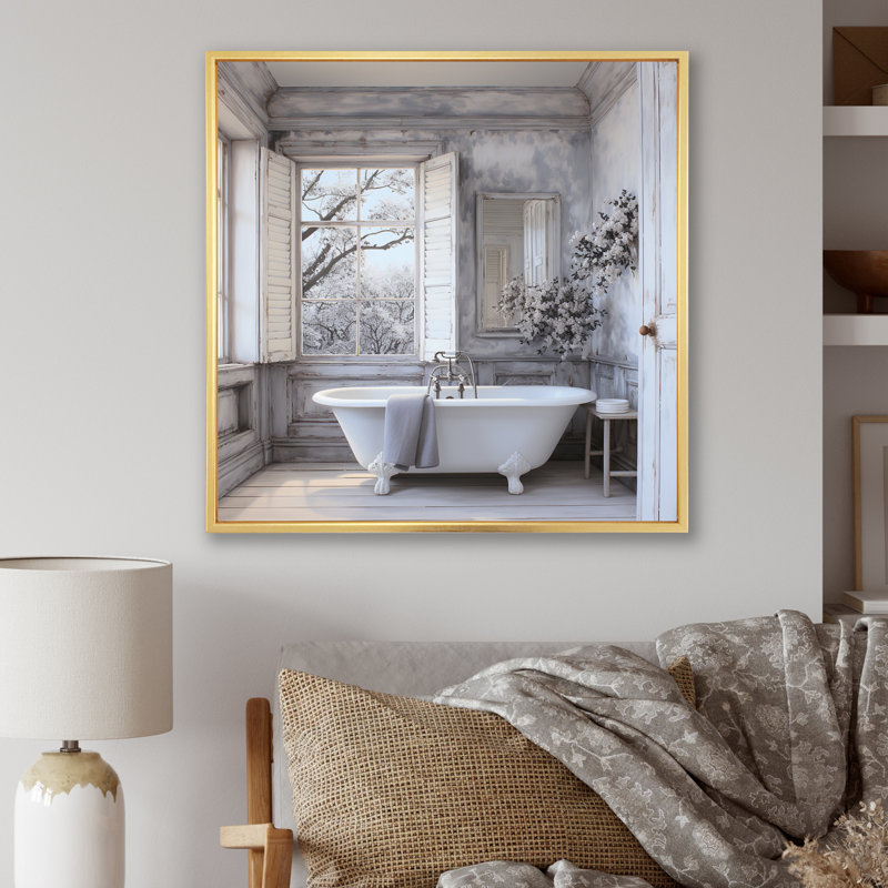 Farmhouse Bathroom Charm II, 30" H x 30" W, Floater Framed, Gold