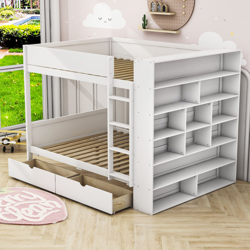 Aleiah Kids Twin Bunk Bed with Drawers, White, Full over Full