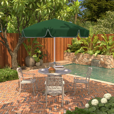 Parasol de patio blanc 7,5 pi avec nervures en fibre de verre et bouton-poussoir inclinable en taupe Sunbrella