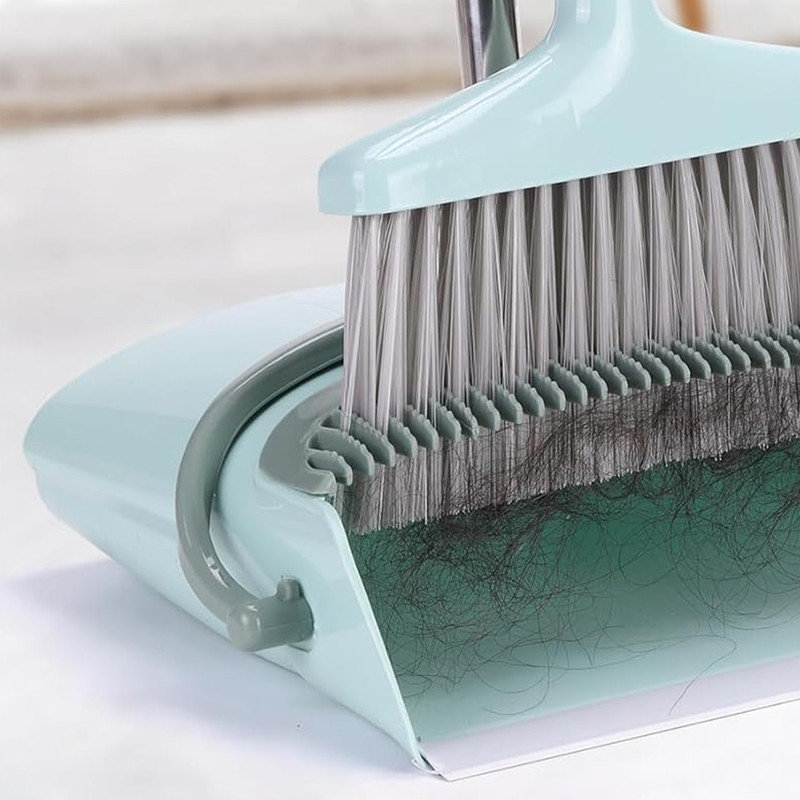 Bluish Green Stainless Steel Broom and Dustpan Set with Adjustable Handle