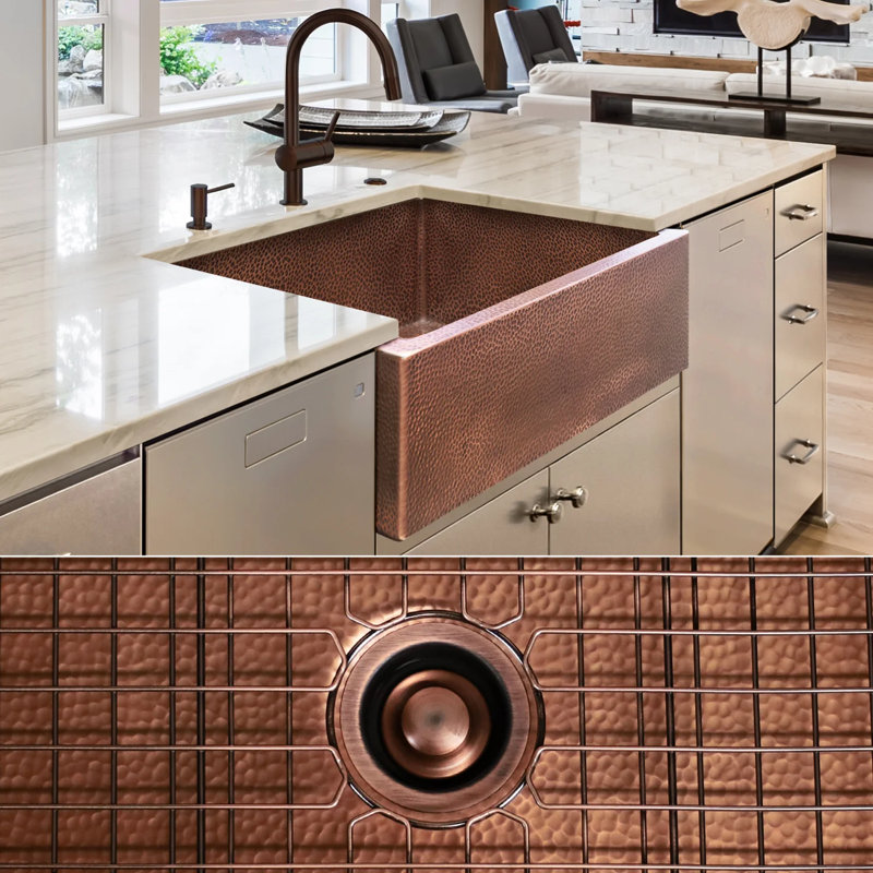 FOSSIL BLU 30" Heavy 12-GAUGE Medium Copper Farmhouse Sink, Includes Accessories, Flat
