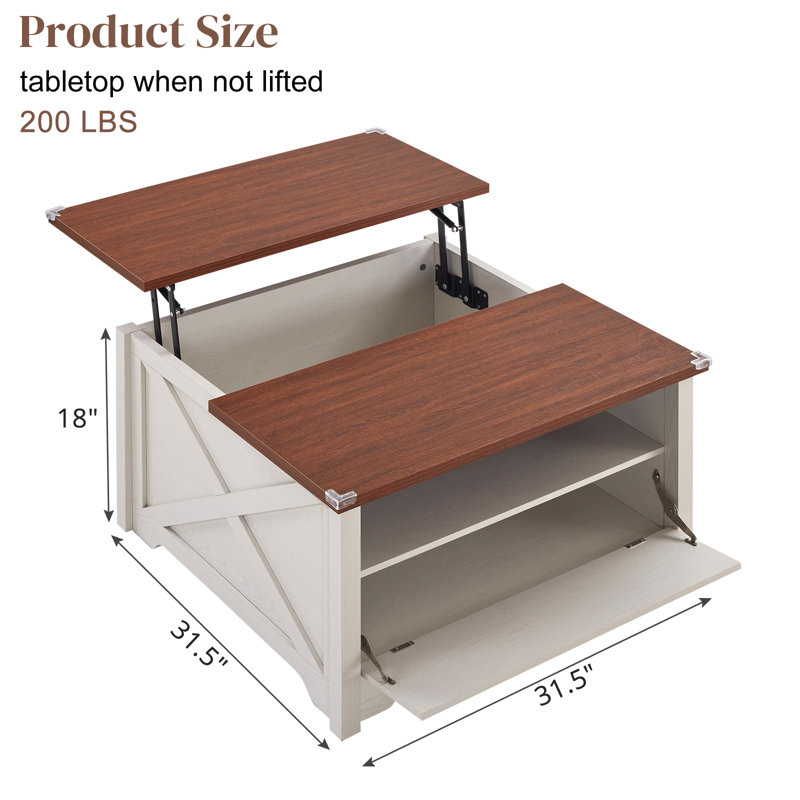Table basse à plateau relevable en brun et blanc, Blanc, Brun