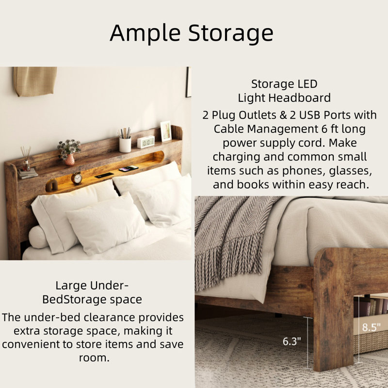 King Rustic Brown Wood Platform Bed Frame with Storage and LED Headboard