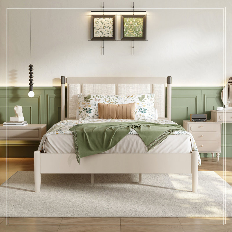 Lit plateforme tapissier en bois avec tête de lit Grand Astoria, Grand, Gris / gris clair