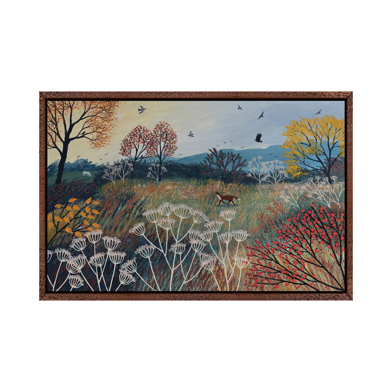 Across Autumn Meadow by Jo Grundy - Painting on Canvas, 45.72cm H x 66.04cm W x 3.81cm D, Brown Framed