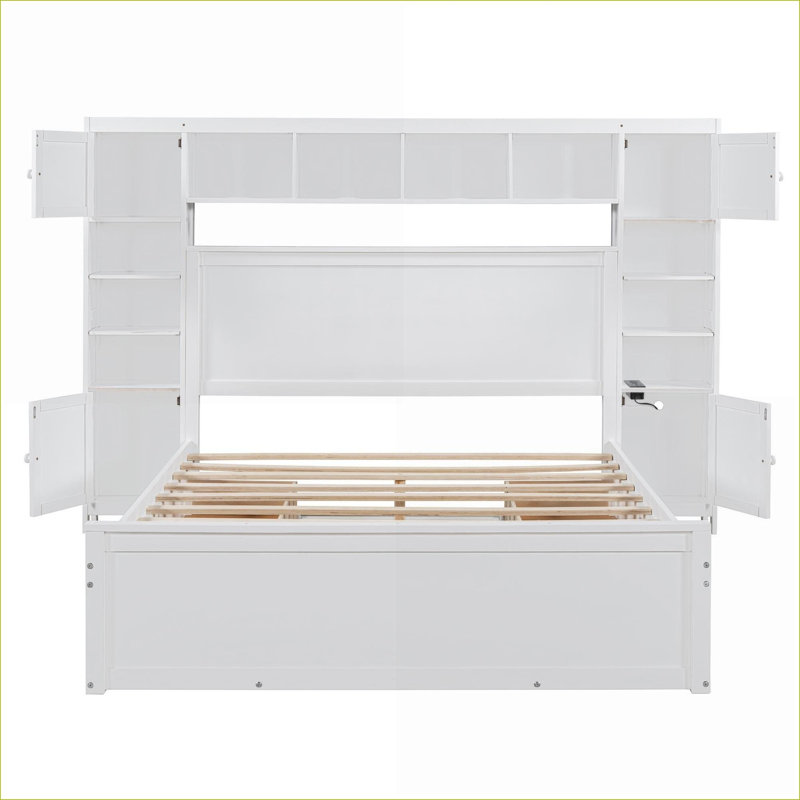 Queen Size Wood Platform Storage Bed With Built-In Sockets 600lbs Capacity White For Bedroom, White
