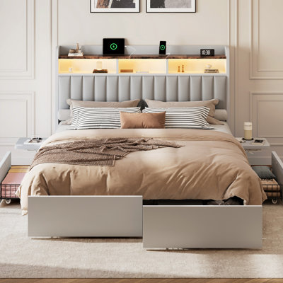 Bed Frame With 4 Drawers For Storage, Bedside Table, Pu Soft Headboard, Built-in Charging Station And Led Lights