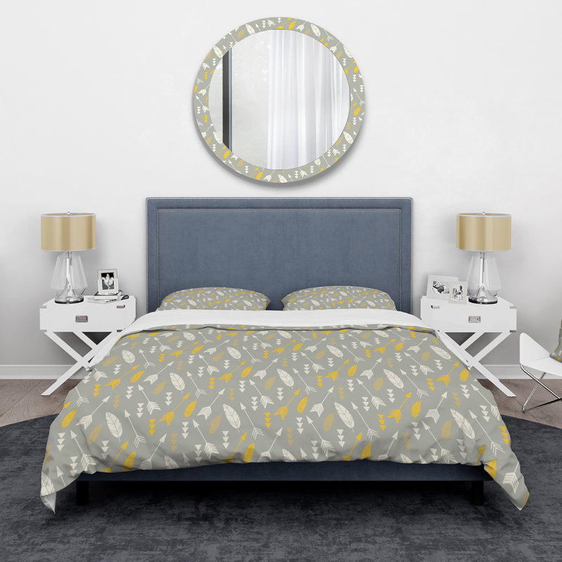 Plumes de Bohème jaunes et grises - Ensemble de housse de couette Bohème - Microfibre de polyester