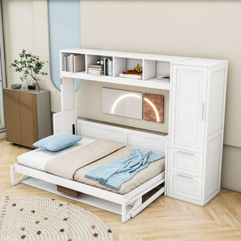 Nodine Wood Murphy Bed with Shelves and Drawers, Full, White
