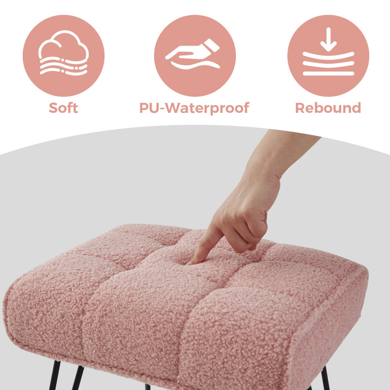 Teddy Fleece Upholstered Vanity Stool with Metal Legs，Pink, Pink