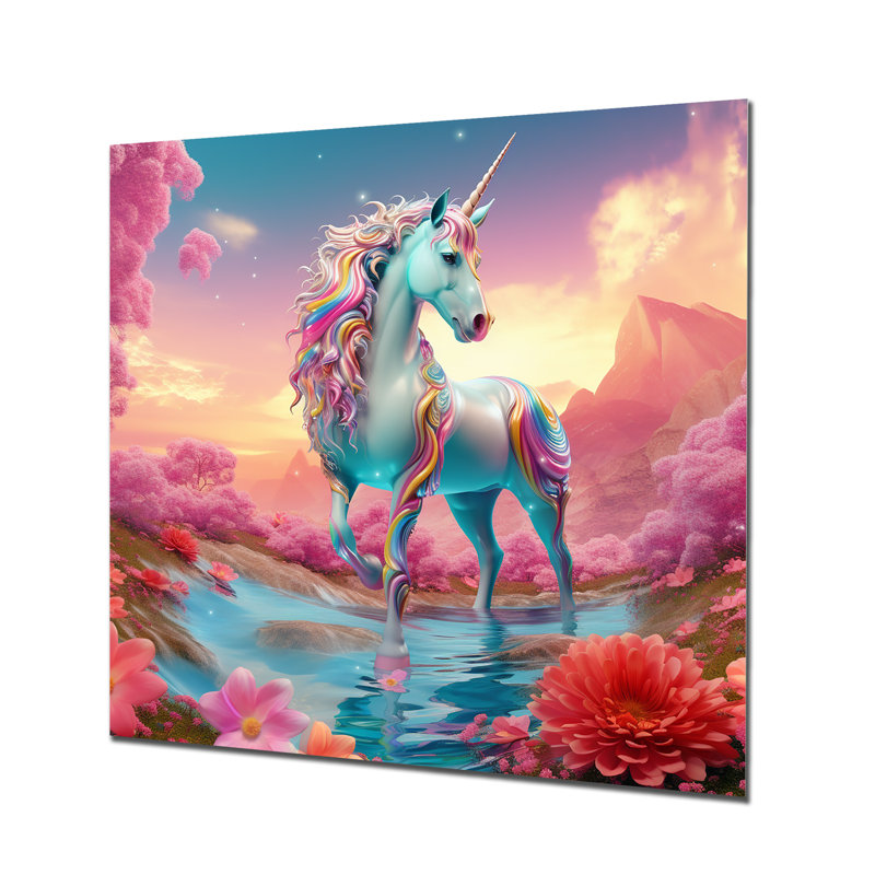 Licorne blanche magique dans une fleur rose, terre magique - licornes, art mural, salon, Pas de métal encadré