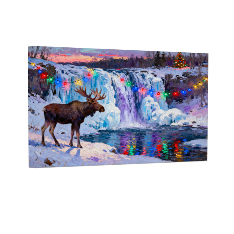 «Christmas Moose Winter Waterfall Christmas Lights», reproduction d'art paysage, H 20 po x l 30 po