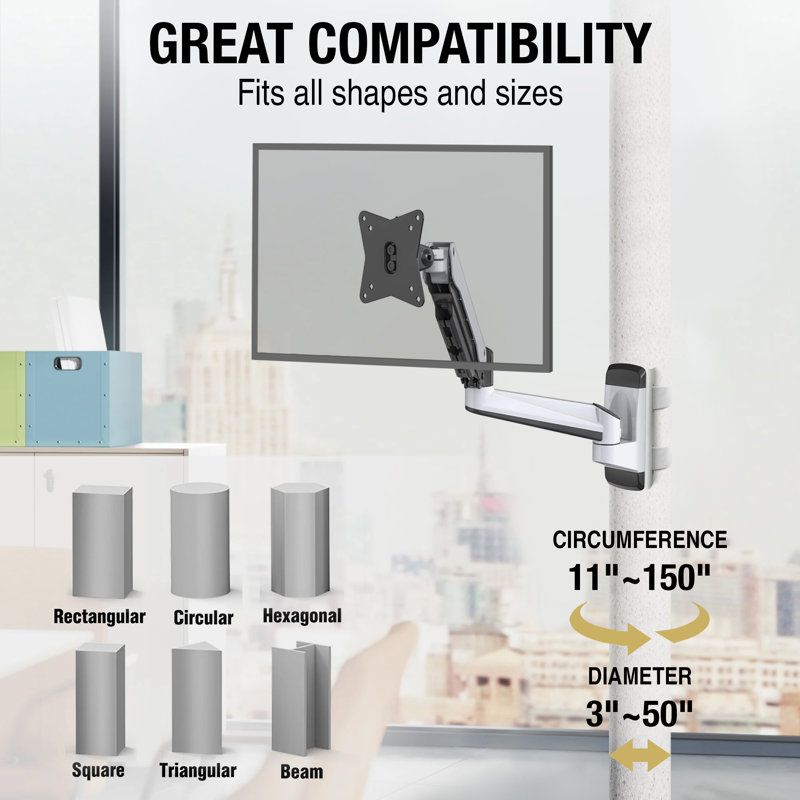 CondoMounts NO Drill Full Motion Pillar/WorkBench Monitor Mount,Holds 18lbs,Up to 32" Monitor, White