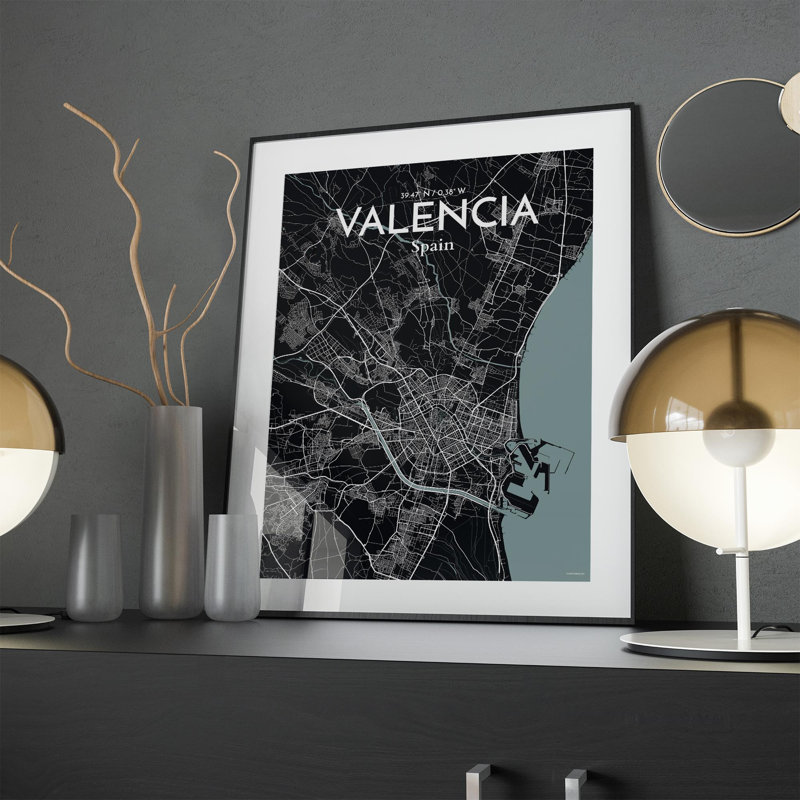 Valencia, carte de la ville, impression, Gris/noir, H 24 po x l 18 po