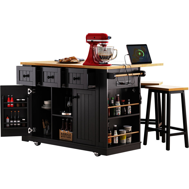 Grand îlot de cuisine avec 2 tabourets, prise de courant, rangement interne, plateau de table à abattants, 5 côtés, 3 tiroirs, en noir pour les chaises paradisiaques, espaces inspirants