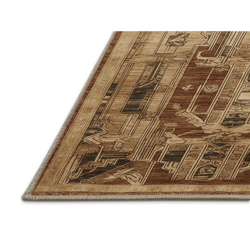 Tapis beige Art Deco lavable à la machine, Rectangle 6 pi x 9 pi