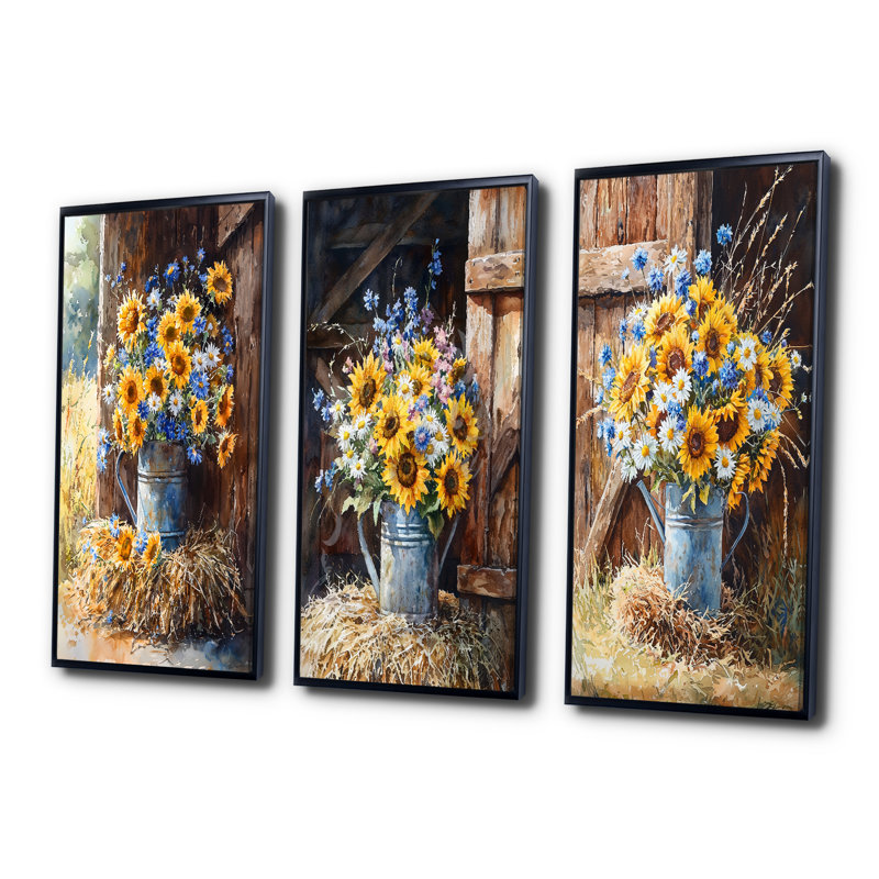 Fleurs assorties - Collection d'art mural traditionnel, H 32 po x l 48 po, Impression encadrée flottante, Noir