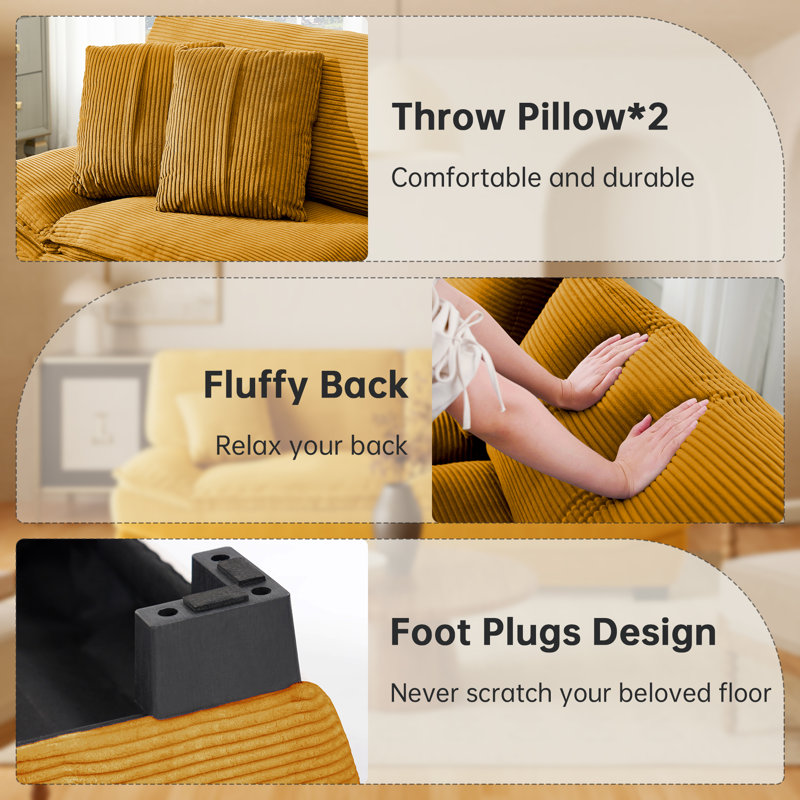 88" Corduroy Sofa, Modern Couch with Removable Washable Cover & Iron Frame, Orange
