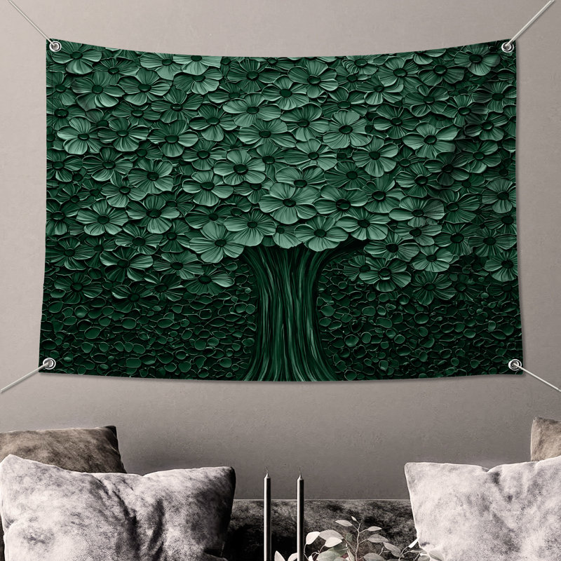 Tapisserie murale arbre floral vert, H 104 po x 88 avec 4 œillets