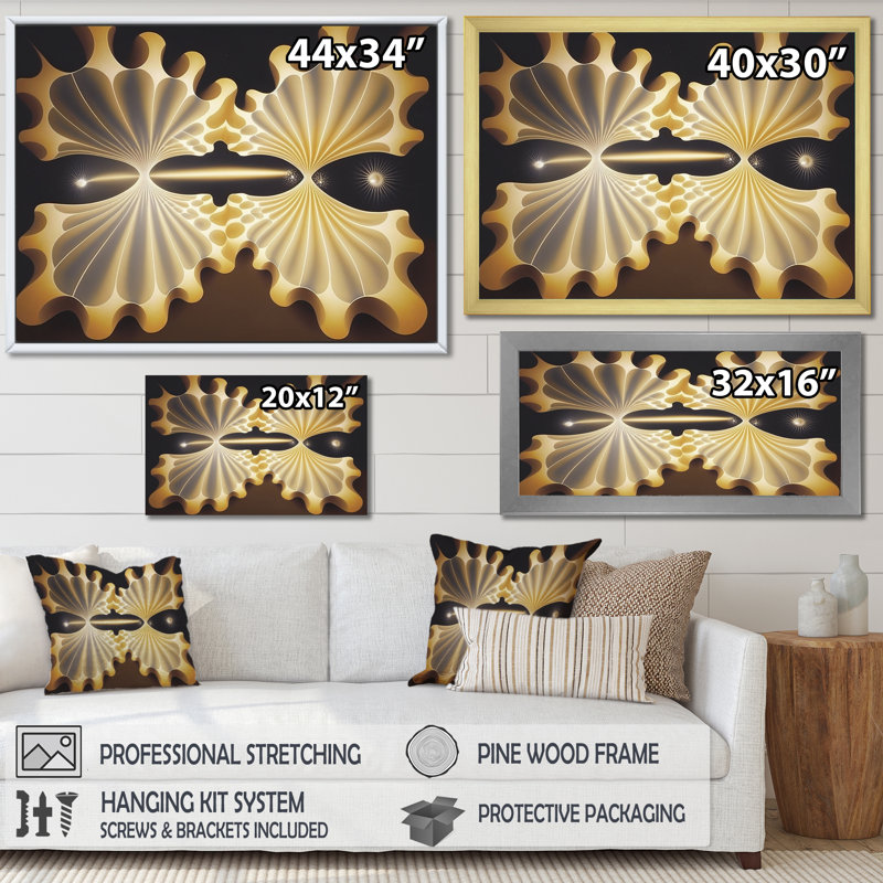Faisceaux lumineux à travers l'espace en jaune rétro - reproduction sur toile, Cadre flottant doré