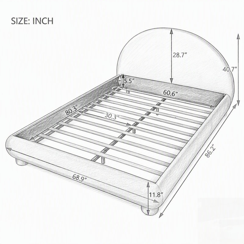 Lit plateforme en tissu bouclé Boucle, Blanc, Queen